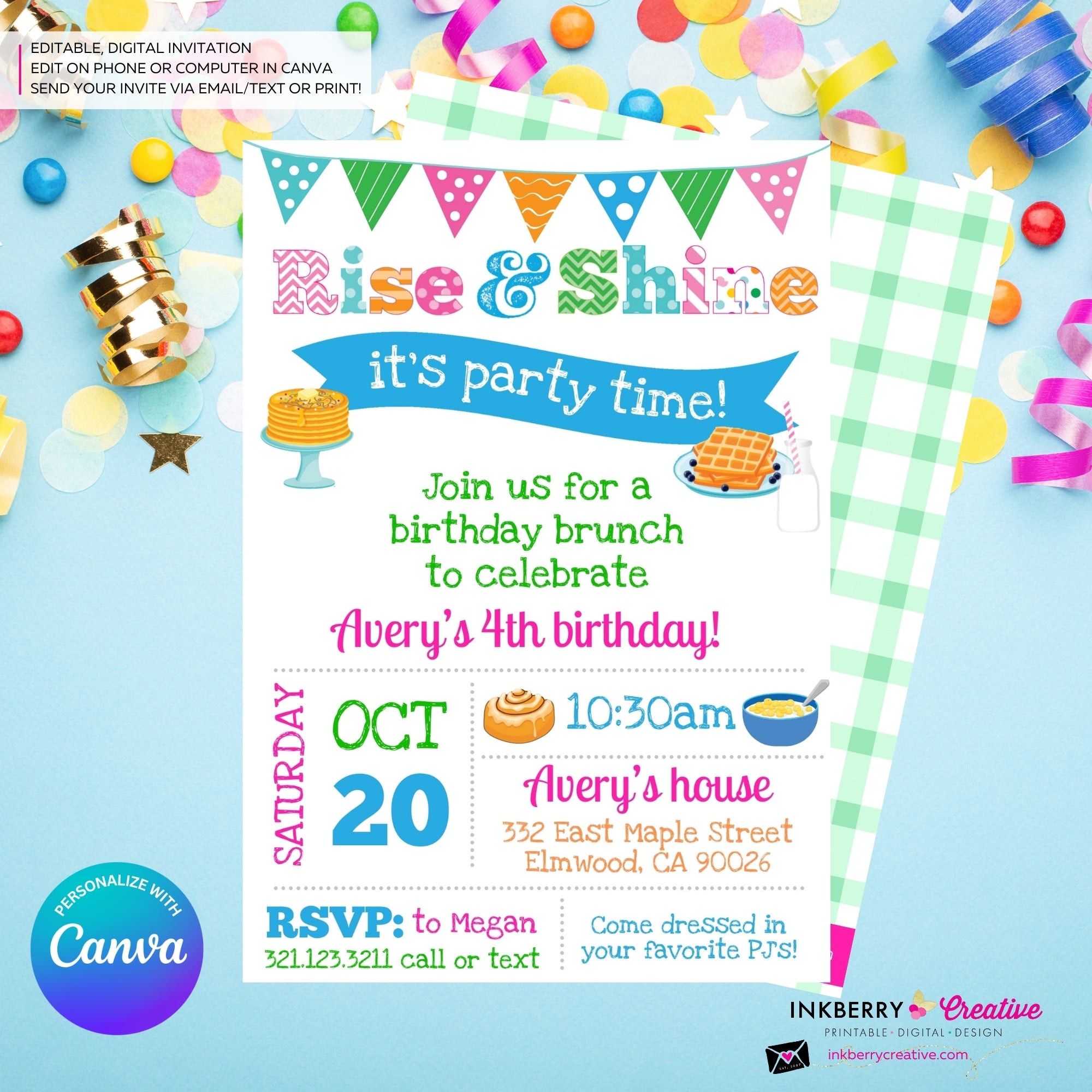 Rise and Shine Kids Birthday Breakfast Brunch Party Invitation, Pancakes, Bacon, Eggs, Waffles - Editable in Canva