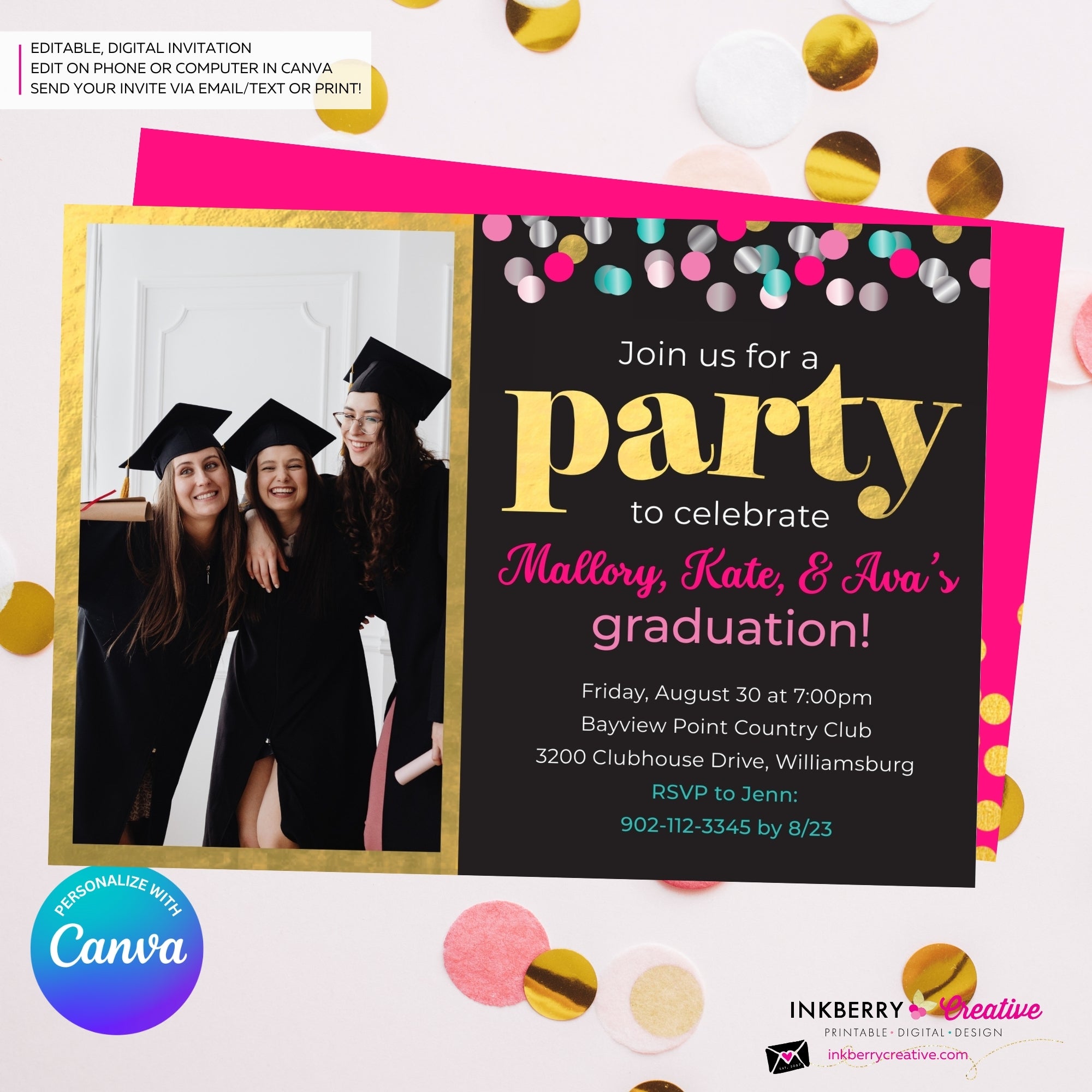 Graduation Confetti Pop Photo Invitation or Announcement, Edit in Canva