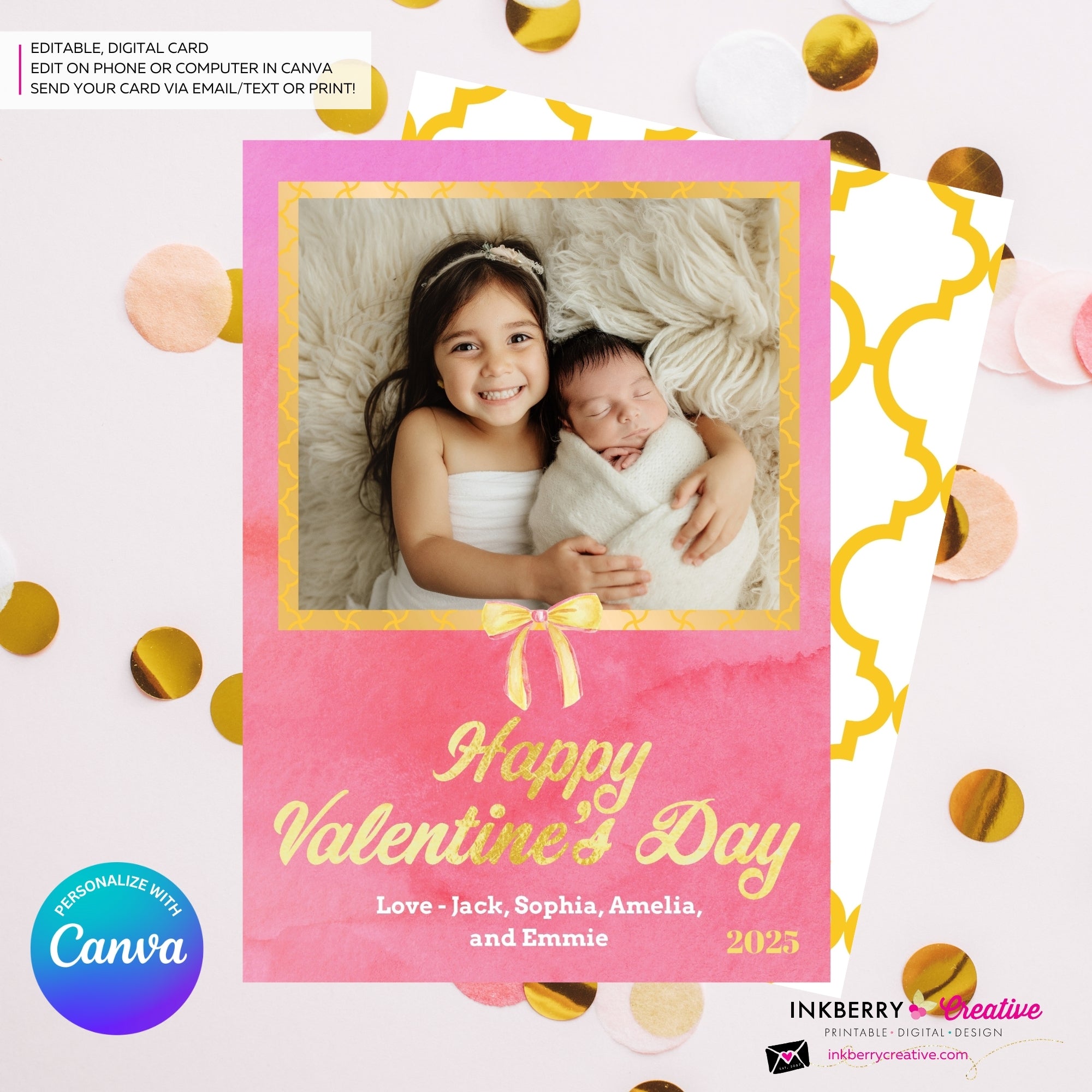 Pink and Gold Bow Valentine's Day Photo Card - Personalize and Edit in Canva