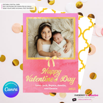 Pink and Gold Bow Valentine's Day Photo Card - Personalize and Edit in Canva