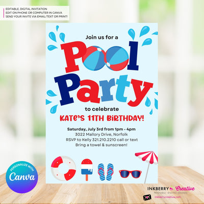 Patriotic Pool Party Invitation - Summer, Patriotic, 4th of July, Memorial Day, Pool Party - Printable, Instant Download, Edit in Canva