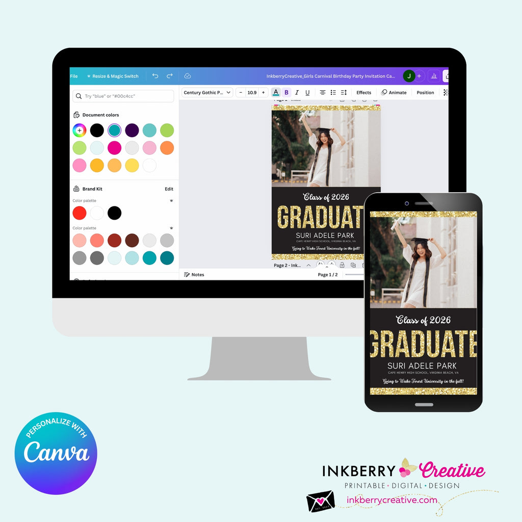 Gold Glitter Grad - 3 Photo Graduation Invitation or Announcement, Edit in Canva