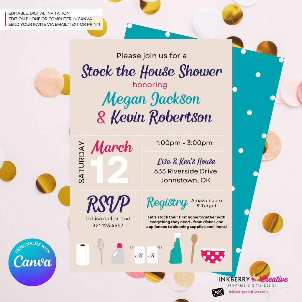Stock the House Bridal Shower Invitation, Couples Co-ed Shower theme, House Warming Party Invitation, Printable, Digital File, Edit in Canva