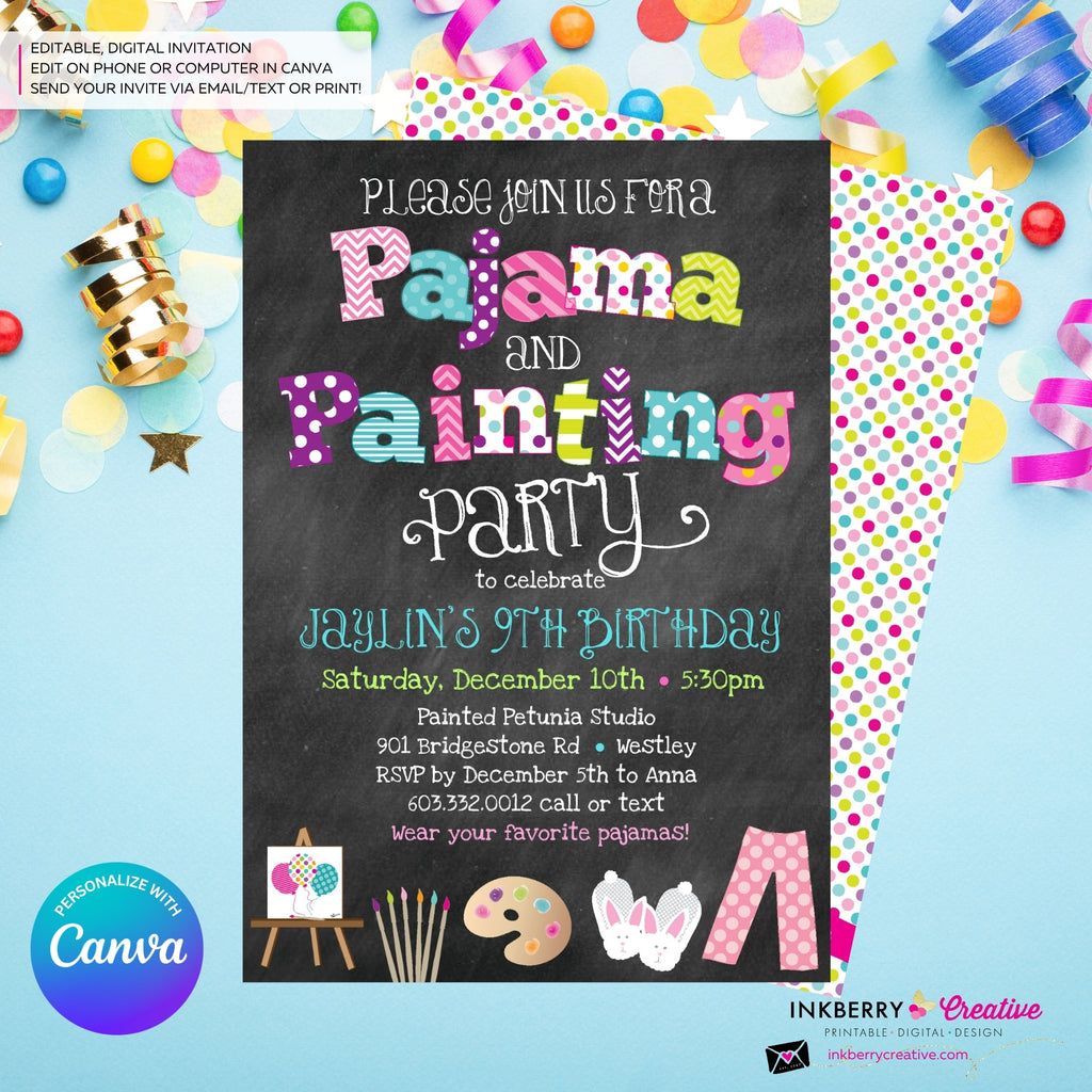 Pajama and Painting Birthday Party Invitation - Chalkboard Style