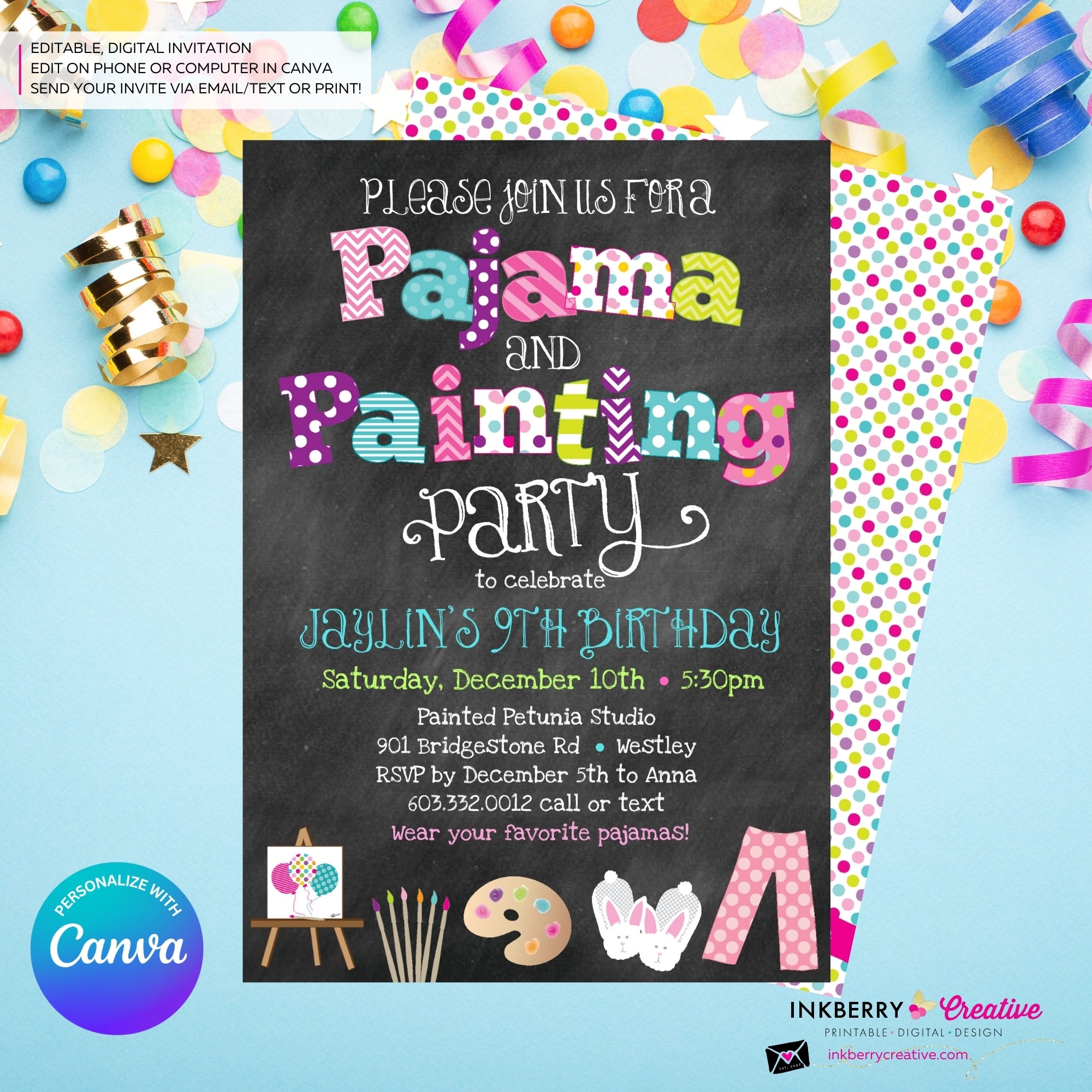 Pajama and Painting Birthday Party Invitation - Chalkboard Style