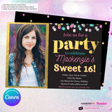 Confetti Pop Photo Party Invitation - Any Age, Any Occasion, Gold, Aqua, Pink Confetti, Birthday Photo invite, Sweet 16, Edit in Canva