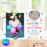 Neon Dance Party Birthday Party Photo Invitation, Digital, Printable File, Edit in Canva