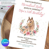Horseback Riding Birthday Party Invitation, Watercolor, Horse, Flowers - Printable, Instant Download, Edit in Canva