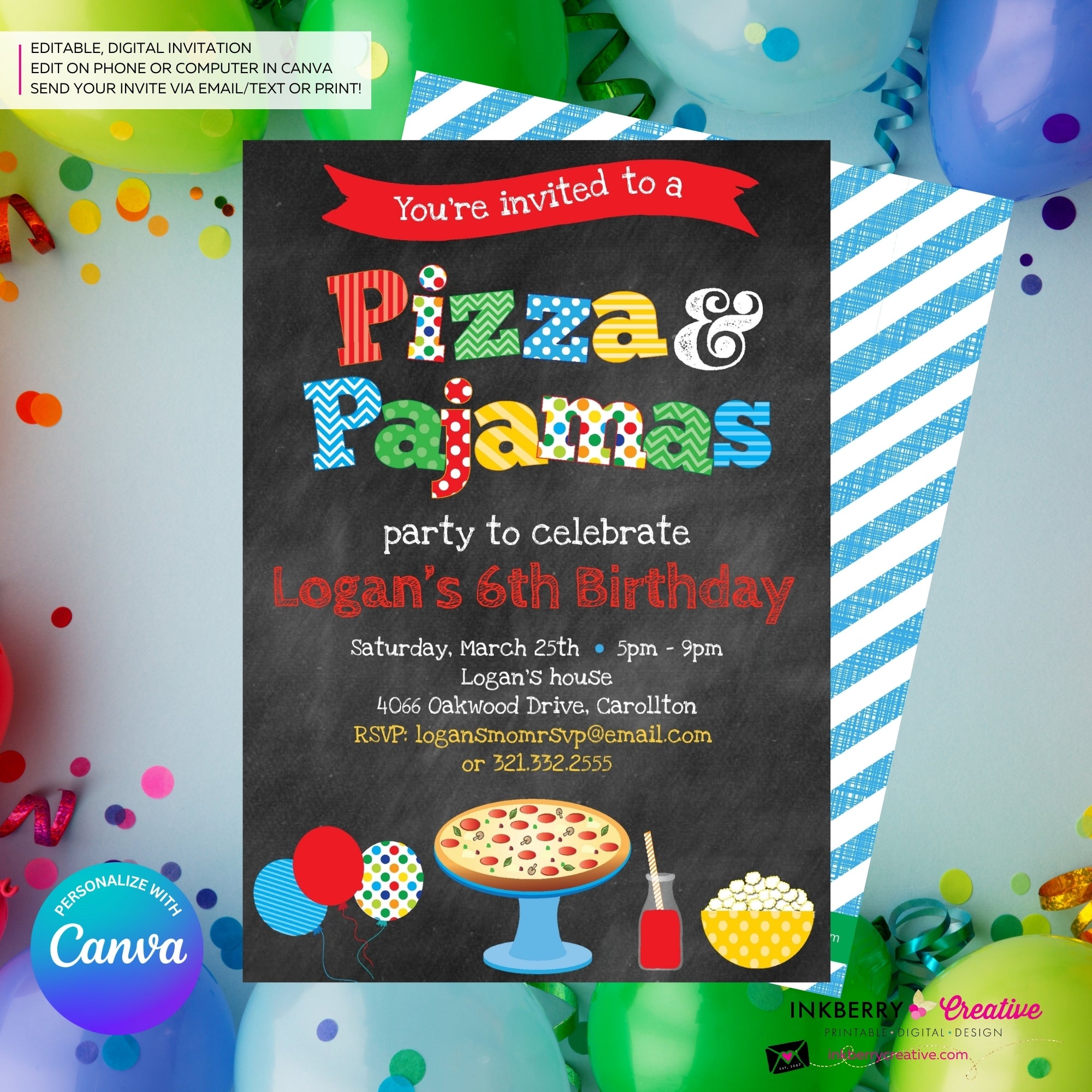 Pizza and Pajamas Party Invitation (Boys) - Chalkboard Style, Kids Pizza Pajama Birthday Party Invite - Edit in Canva