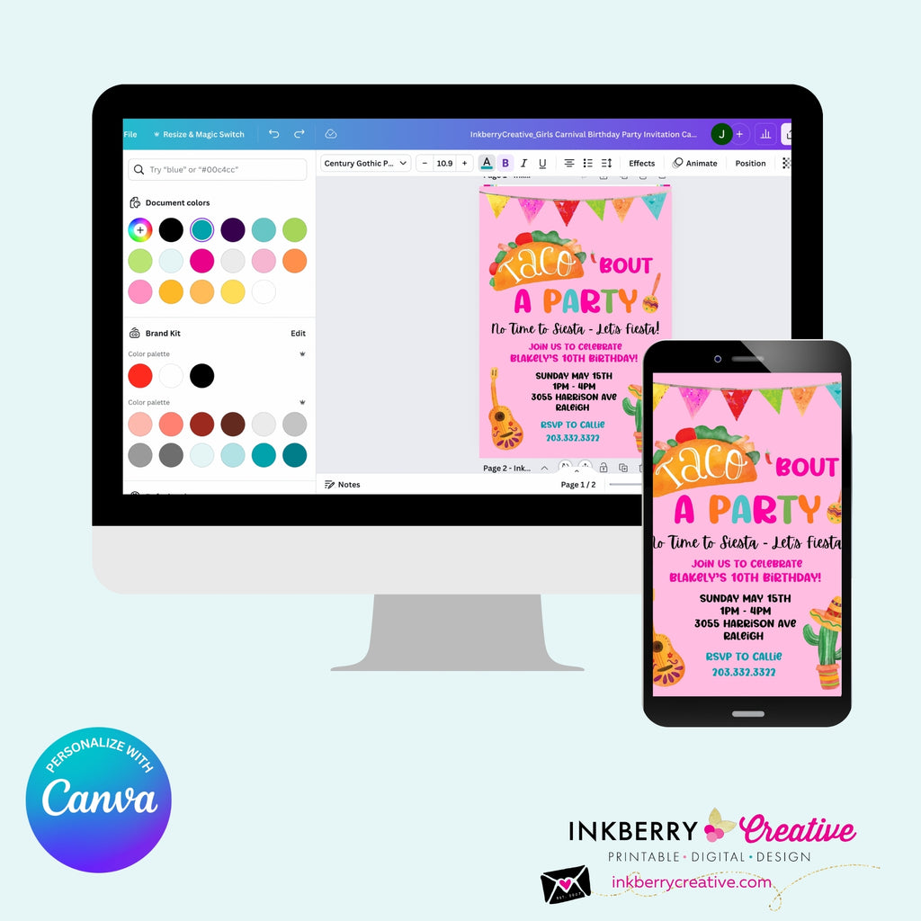 Taco Bout a Party Invitation (PINK) Mexican Fiesta, Canva Template (Digital Printable File)