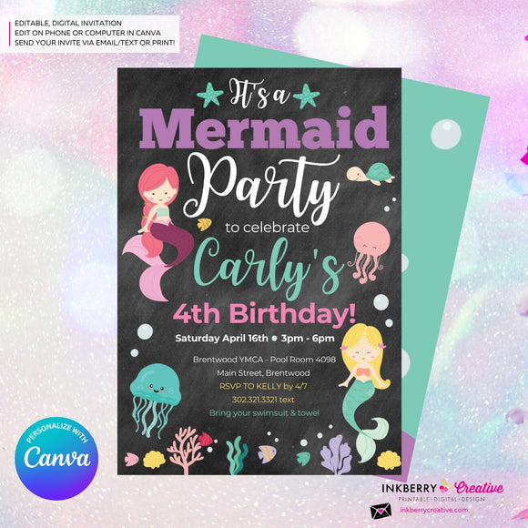 Mermaid Party Invitation - Chalkboard, Ocean Animals, Mermaids, Jelly Fish, Star Fish, Shells - Printable Instant Download, Edit in Canva