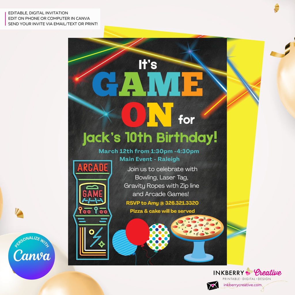Game On - Arcade Games, Pizza Birthday Party Invitation - Chalkboard Boys Arcade Game Pizza Party - Printable, Digital File, Edit in Canva