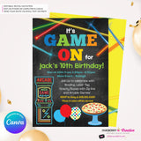 Game On - Arcade Games, Pizza Birthday Party Invitation - Chalkboard Boys Arcade Game Pizza Party - Printable, Digital File, Edit in Canva