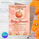 Sweet Little Pumpkin Watercolor Baby Shower Invitation - Printable, Digital File, Edit in Canva