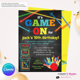 Game On - Arcade Games, Laser Tag, Bowling Birthday Party Invitation - Boys Arcade Game Party - Printable, Instant Download, Edit in Canva