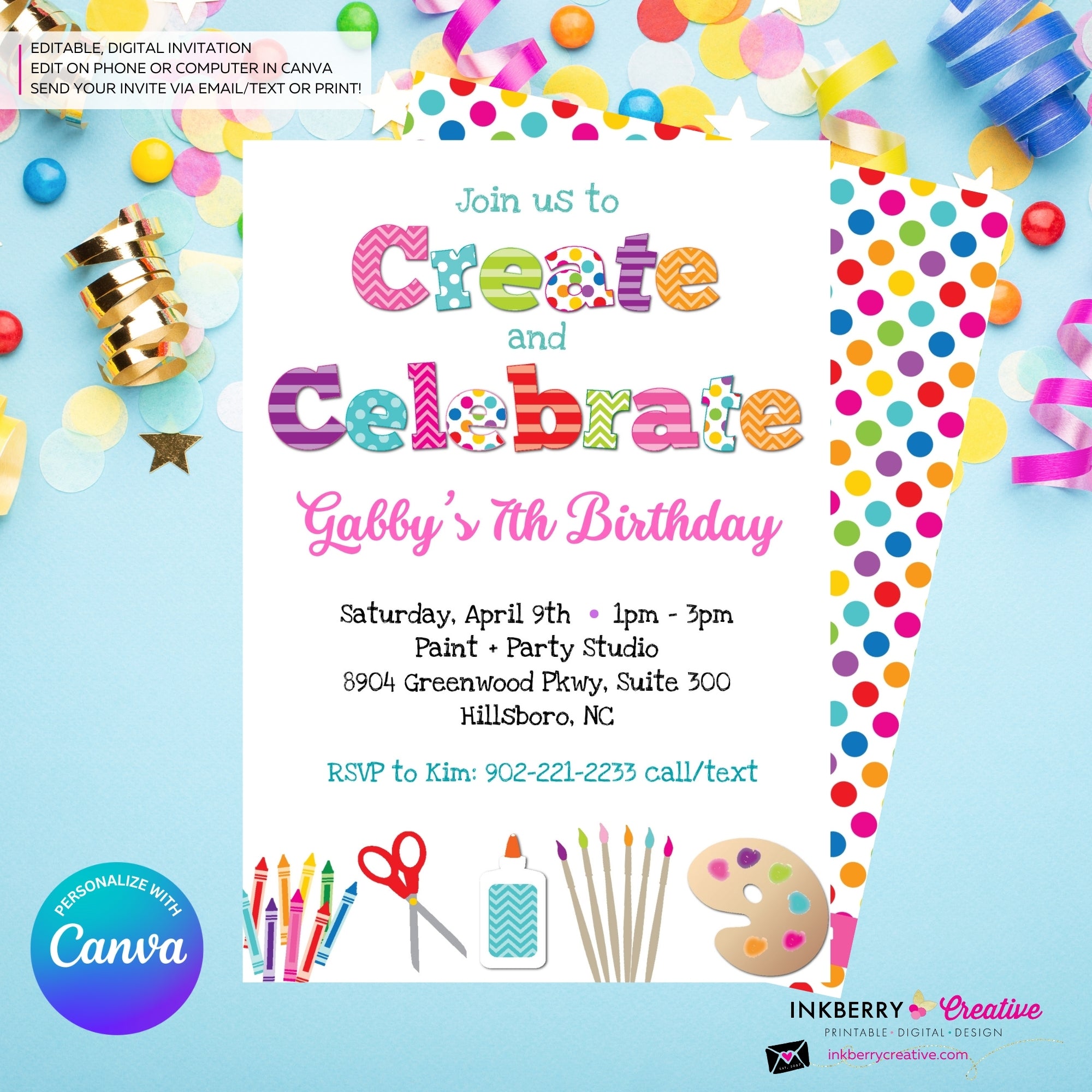 Create and Celebrate - Arts and Crafts Birthday Party Invitation, Kids Arts Crafts Painting Party - Printable, Instant Download, Edit in Canva