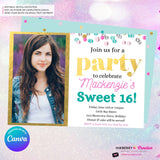Confetti Pop Photo Party Invitation (White) - Any Age, Any Occasion, Gold, Aqua, Pink Confetti, Birthday Photo invite, Sweet 16, Edit in Canva