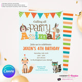 Editable Party Animal Birthday Party Invitation - Boys Cute Woodland Forest Animals Party Invite, Customize and Edit in Canva