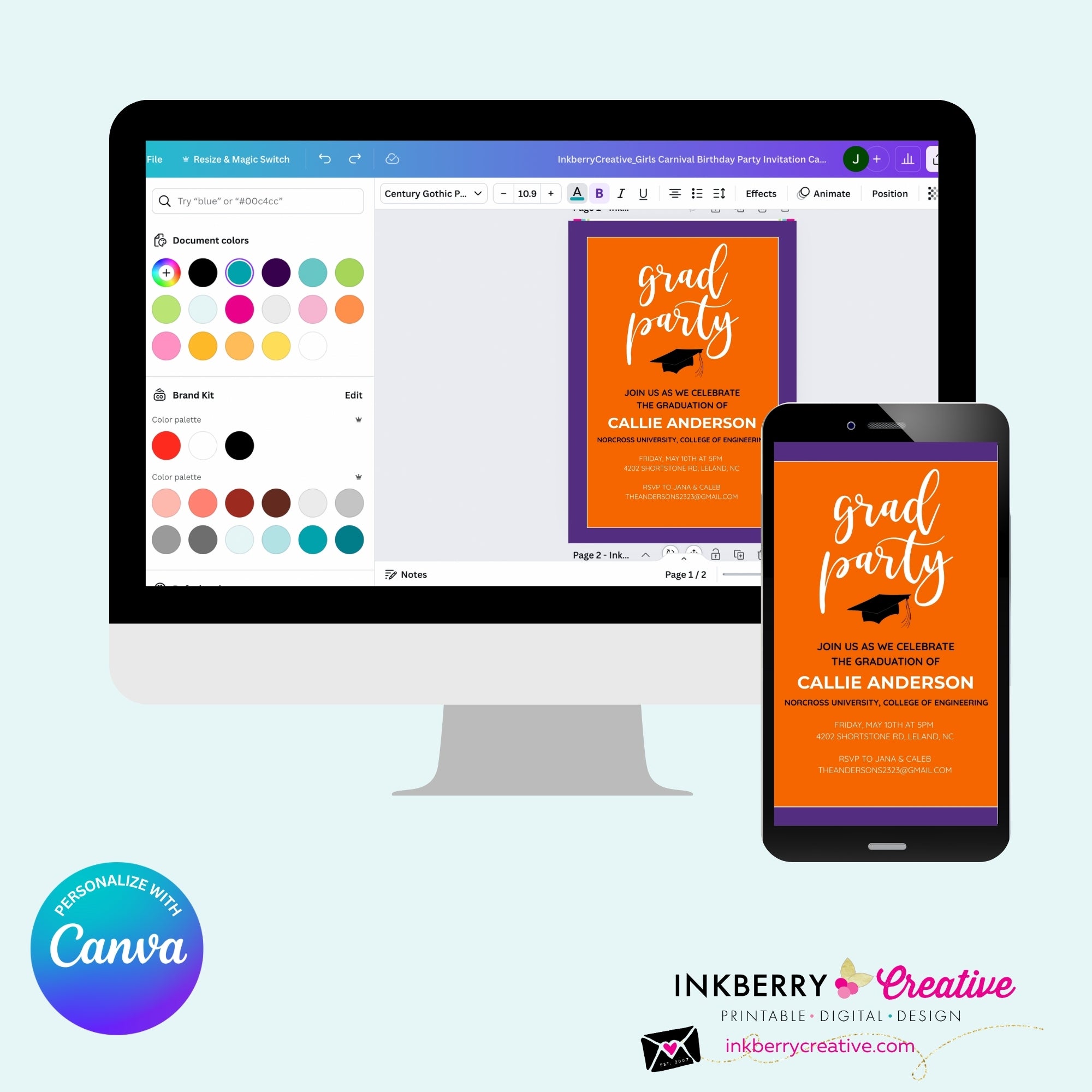 Grad Party Color Block Script - Orange Purple - Custom Color Graduation Invitation or Announcement - Editable in Canva