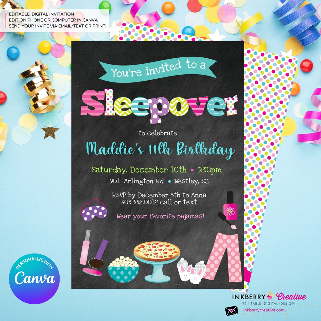 Sleepover Slumber Birthday Party Invitation (Chalkboard Style) - Kids Pizza Pajama Slumber Sleepover Birthday Party Invite - Printable, Instant Download, Edit in Canva