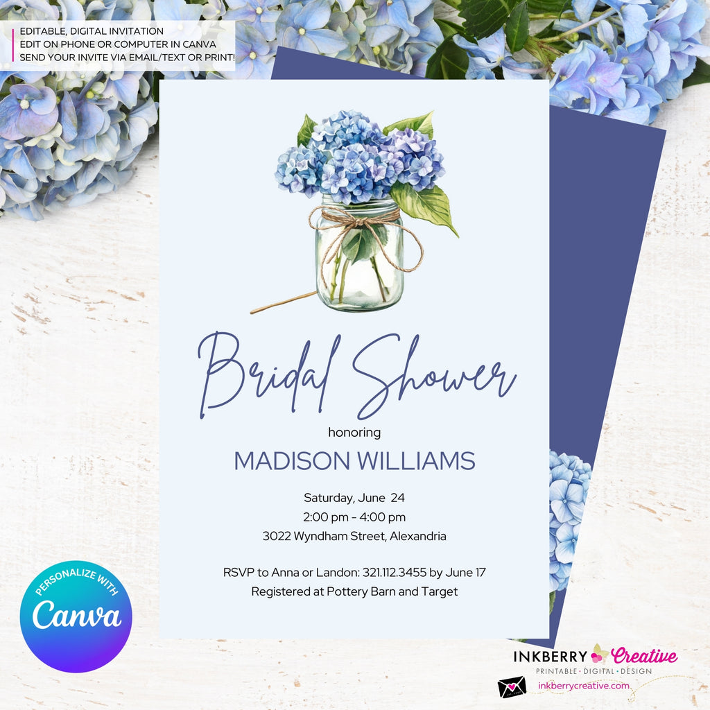 Mason Jar Hydrangea Bridal Shower Invitation, Blue Purple Hydrangea Invite, Wedding Engagement Baby, Digital, Edit and Personalize in Canva