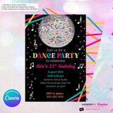 Neon Glow Dance Party Invitation (Black) with Disco Ball - Printable, Instant Download, Edit in Canva