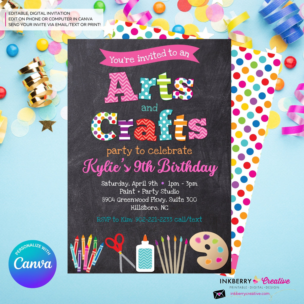 Arts and Crafts Birthday Party Invitation, Chalkboard Style, Kids Arts Crafts Painting Party - Printable, Instant Download, Edit in Canva