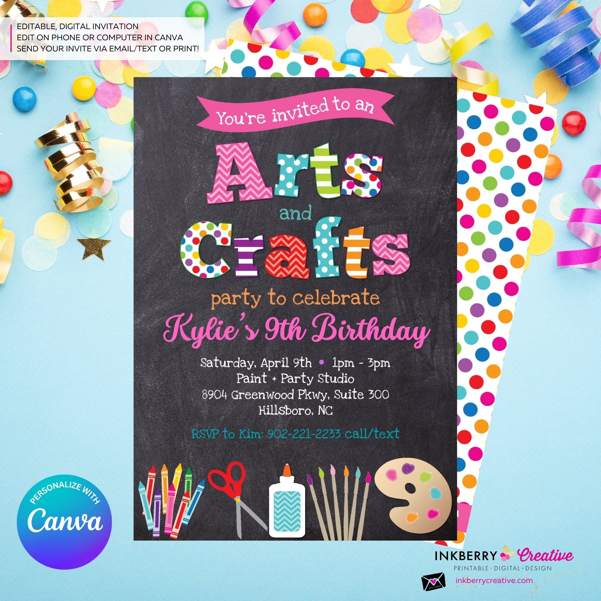Arts and Crafts Birthday Party Invitation, Chalkboard Style, Kids Arts Crafts Painting Party - Printable, Instant Download, Edit in Canva