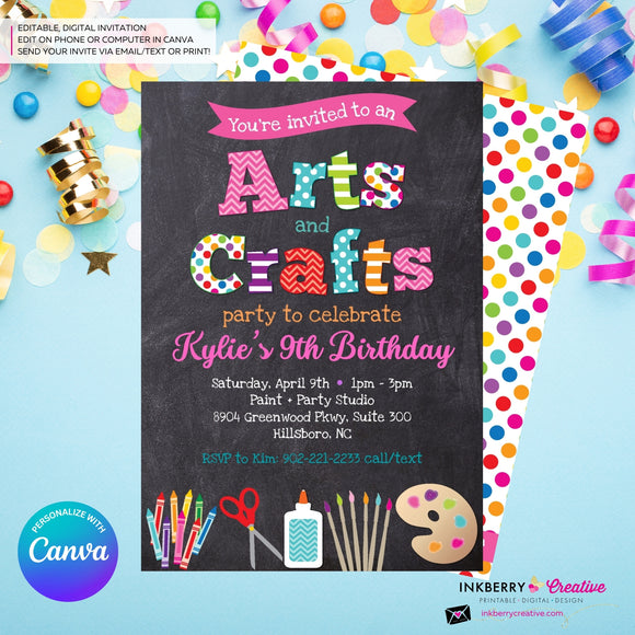 Arts and Crafts Birthday Party Invitation, Chalkboard Style, Kids Arts Crafts Painting Party - Printable, Instant Download, Edit in Canva
