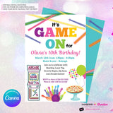 Game On - Arcade Games, Pizza, Bowling, Birthday Party Invitation - Girls Arcade Pizza Party - Printable, Instant Download, Edit in Canva