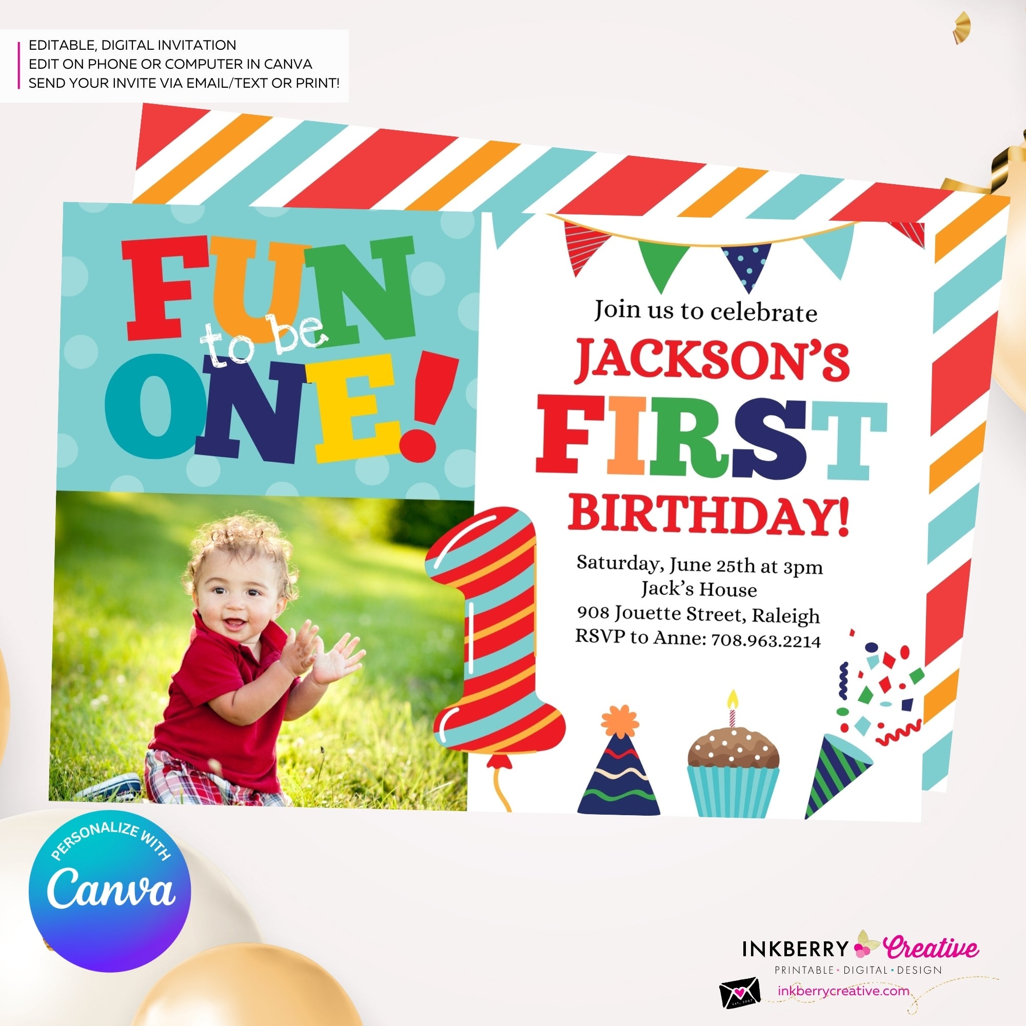 Fun to be One 1st Birthday Invite, Colorful Boys First Birthday Photo Invitation, Primary Colors, Printable, Digital Download, Edit in Canva