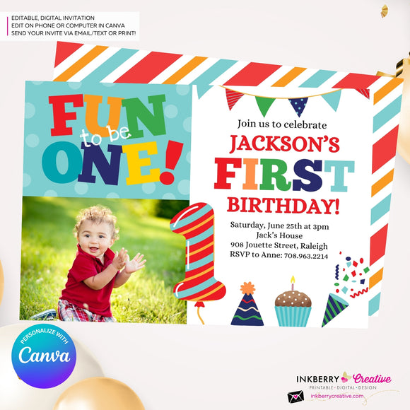 Fun to be One 1st Birthday Invite, Colorful Boys First Birthday Photo Invitation, Primary Colors, Printable, Digital Download, Edit in Canva