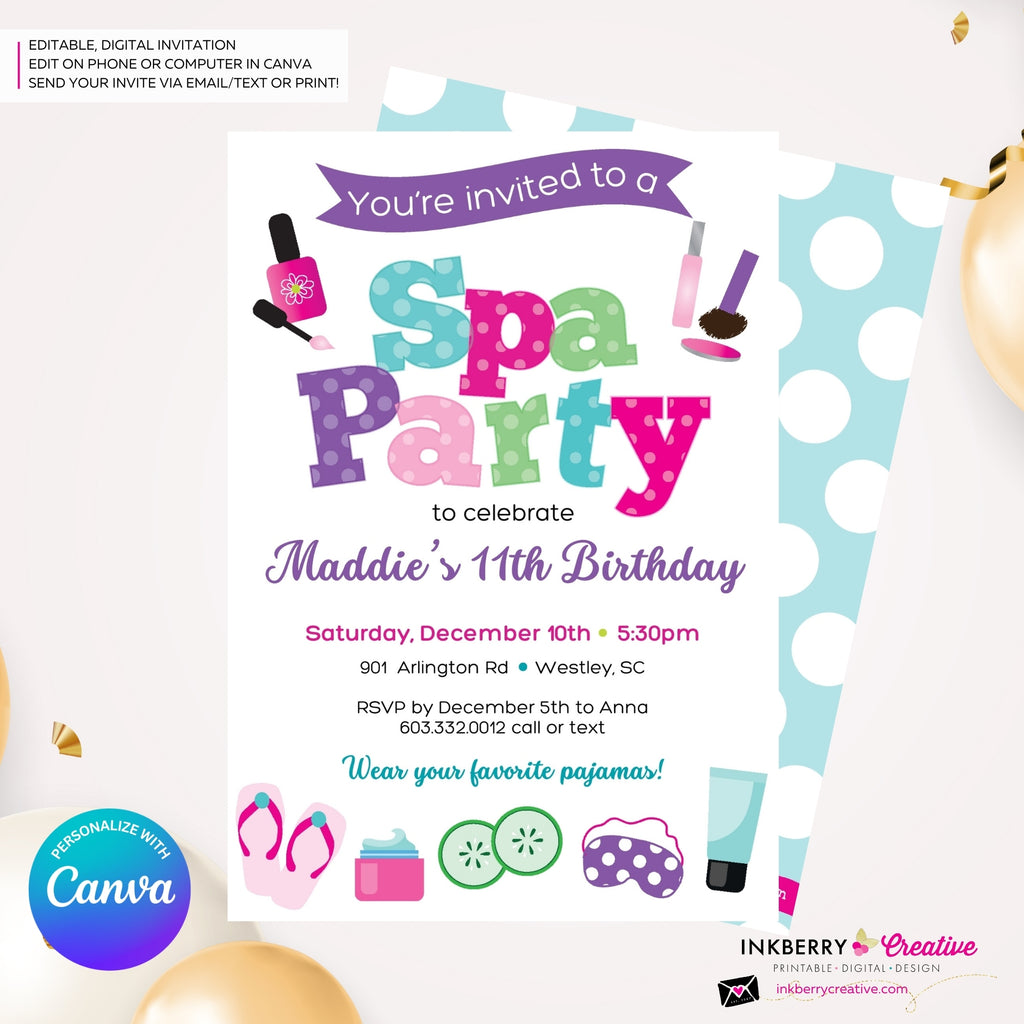 Spa Birthday Party Invitation - Printable, Instant Download, Edit in Canva