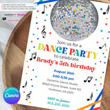 Neon Glow Dance Party Invitation (Boys White Multi) with Disco Ball - Printable, Instant Download, Edit in Canva