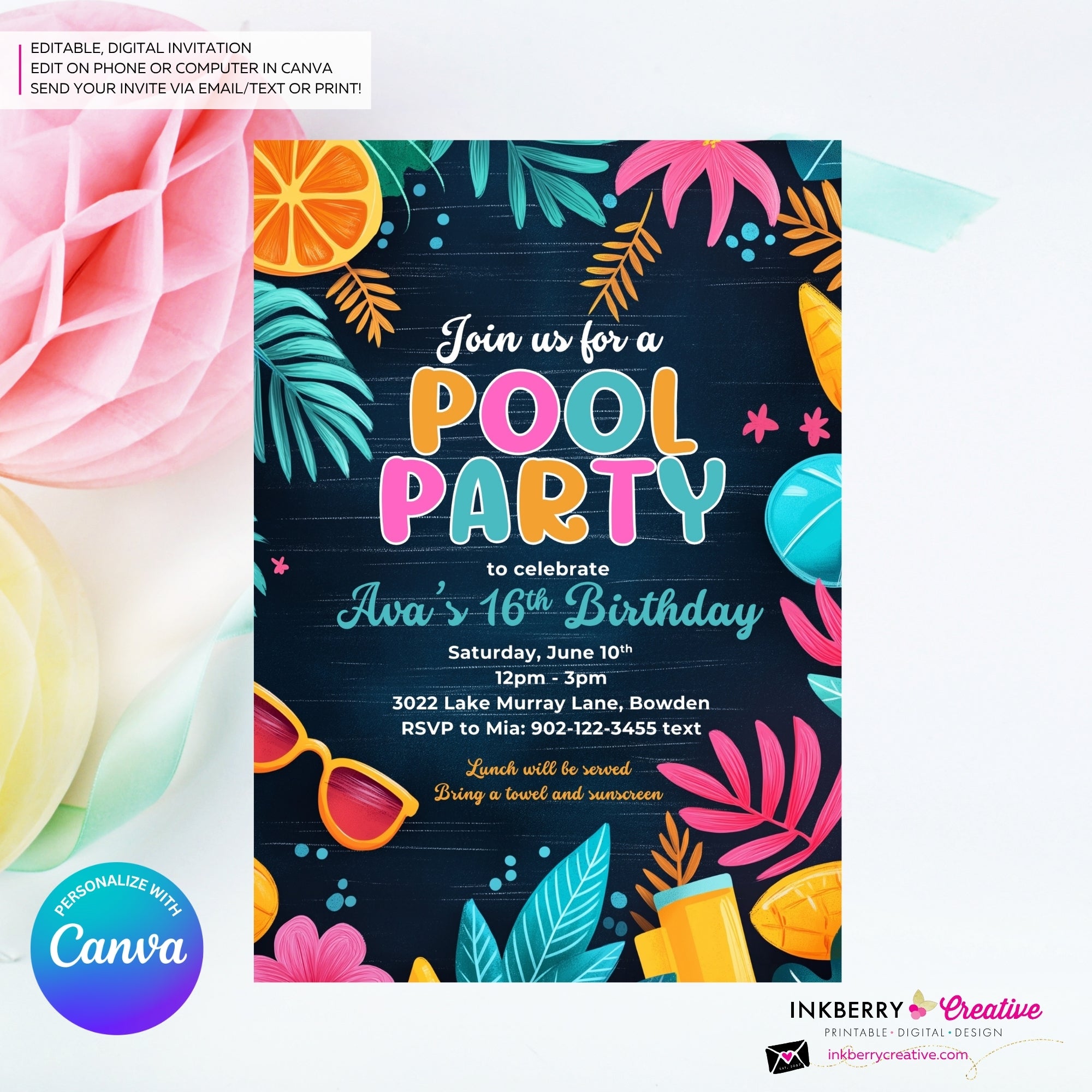 Citrus Summer Pool Party Invitation (Blue) - Summer Pool Party - Personalize and Edit in Canva