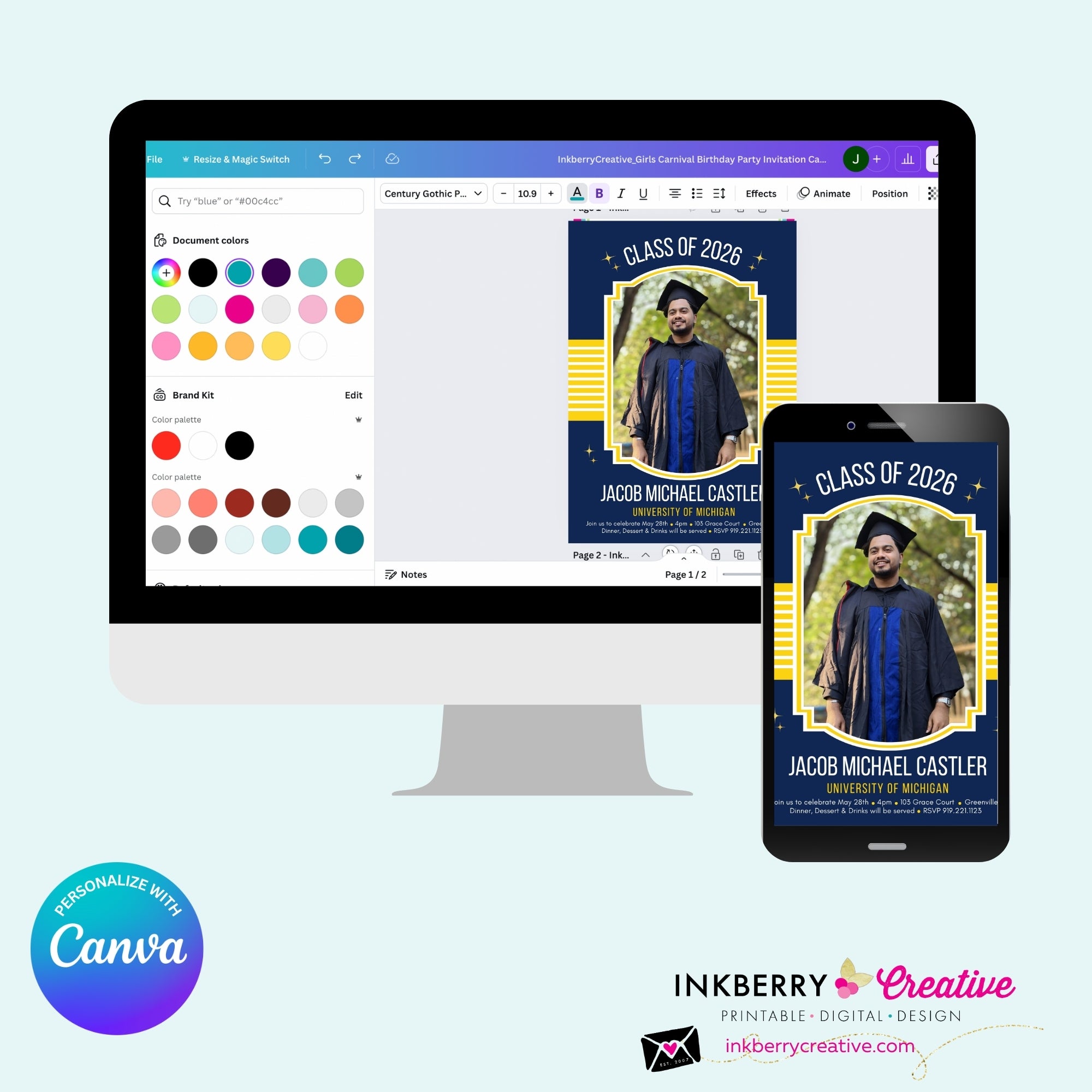 Collegiate Star - Custom Color Graduation Invitation or Announcement - Editable in Canva