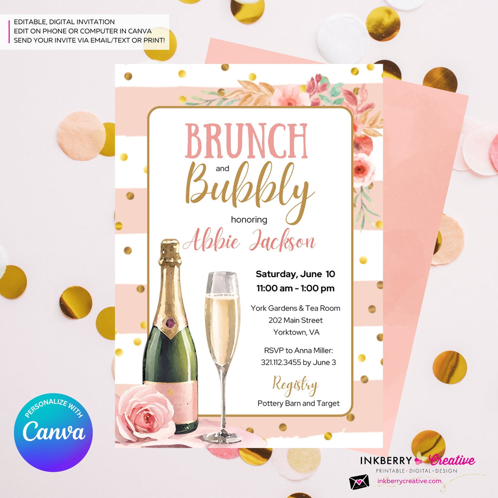 Brunch and Bubbly Pink, Gold, Striped, Confetti, Floral, Bridal Shower Brunch Invitation - Printable, Digital File, Edit in Canva