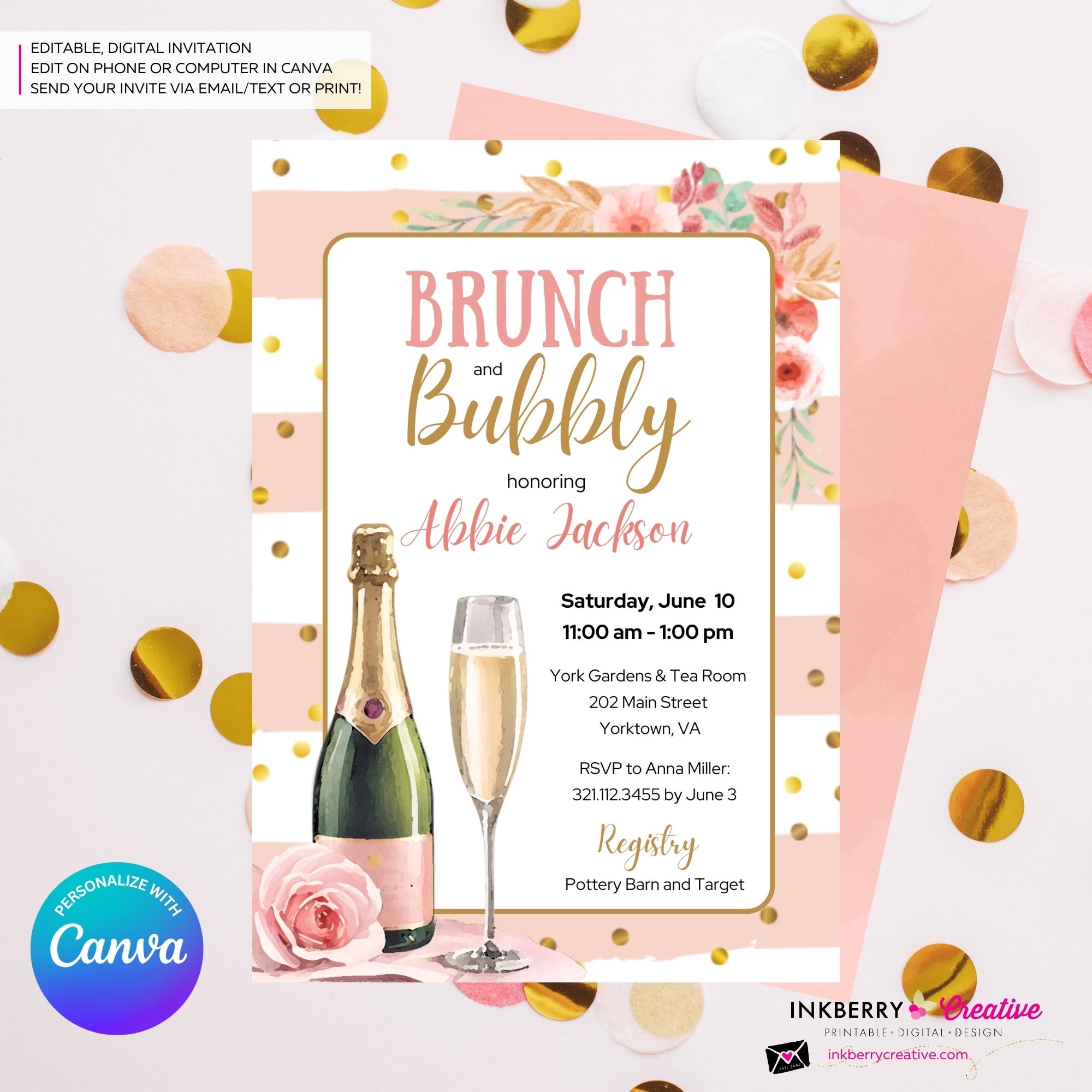 Brunch and Bubbly Pink, Gold, Striped, Confetti, Floral, Bridal Shower Brunch Invitation - Printable, Digital File, Edit in Canva