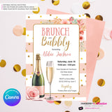 Brunch and Bubbly Pink, Gold, Striped, Confetti, Floral, Bridal Shower Brunch Invitation - Printable, Digital File, Edit in Canva