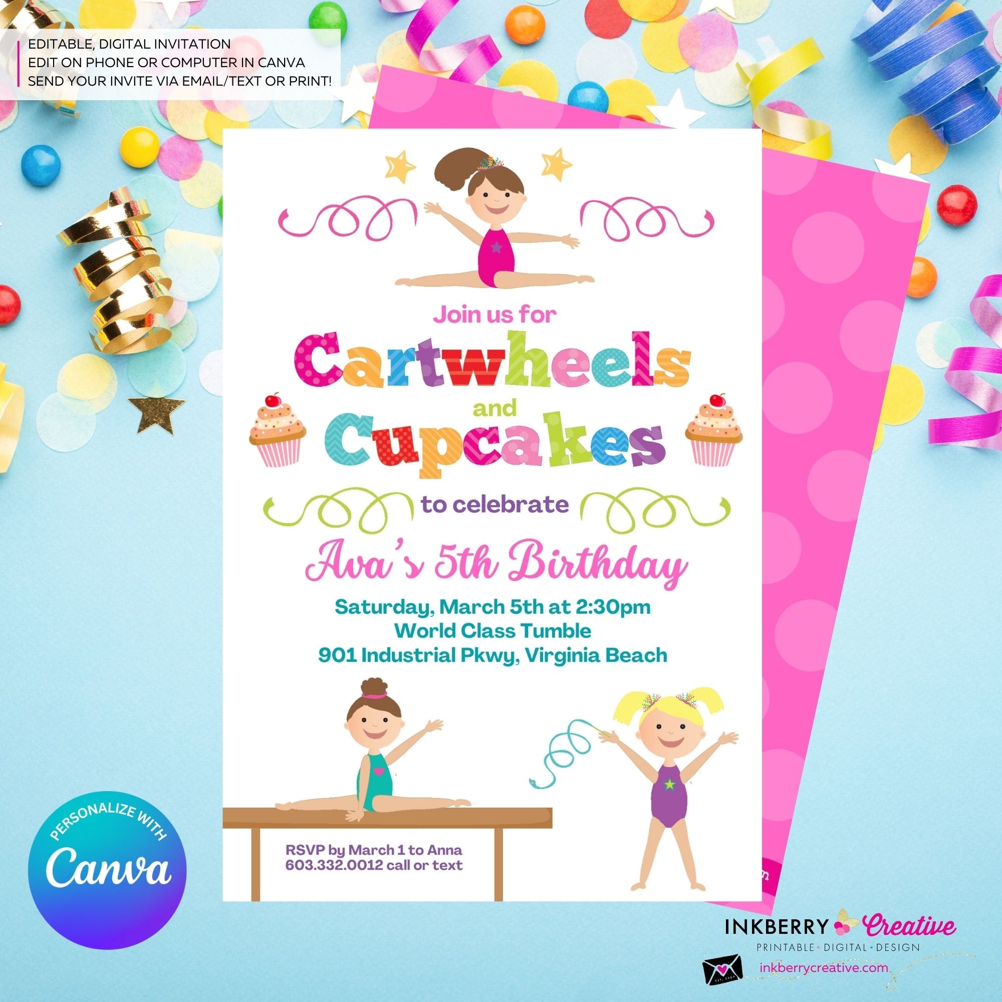 Gymnastics Party Invitation (White) - Cartwheels and Cupcakes Gymnastics Birthday Party Invite - Printable, Instant Download, Edit in Canva