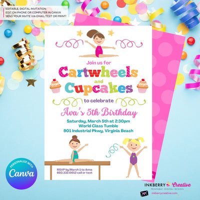 Gymnastics Party Invitation (White) - Cartwheels and Cupcakes Gymnastics Birthday Party Invite - Printable, Instant Download, Edit in Canva