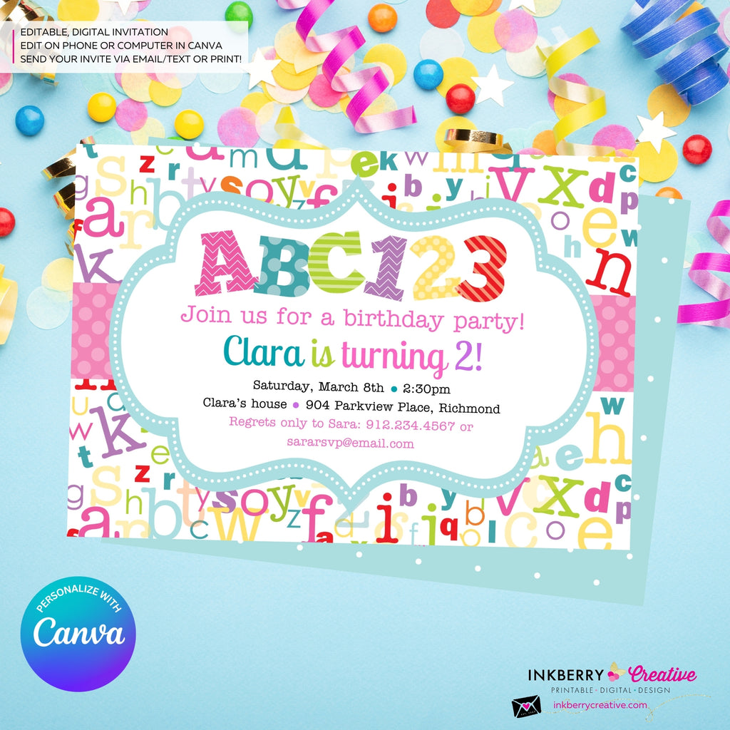 Alphabet Birthday Party Invitation Girls - Alphabet Theme Party Invite - Girl ABC Birthday Party - Personalize and Edit in Canva