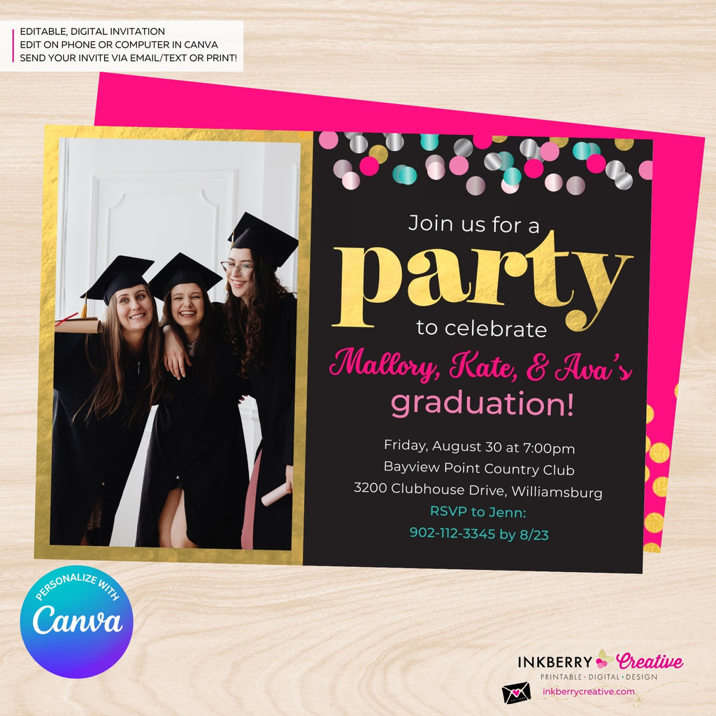 Graduation Confetti Pop Photo Invitation or Announcement, Edit in Canva