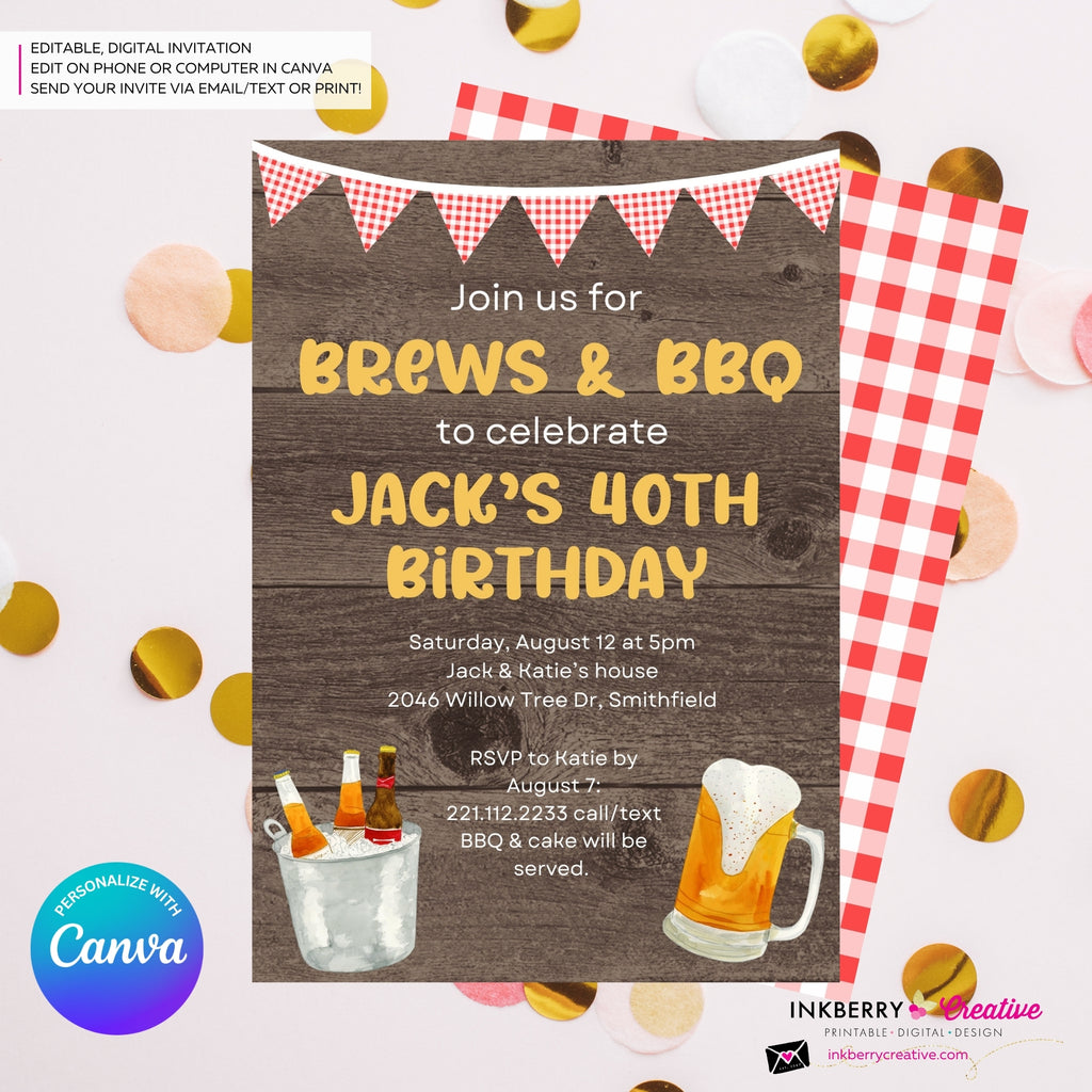 Brews & BBQ Backyard Cookout, Barbecue Theme Birthday Party or Shower Invitation - Personalize and Edit in Canva