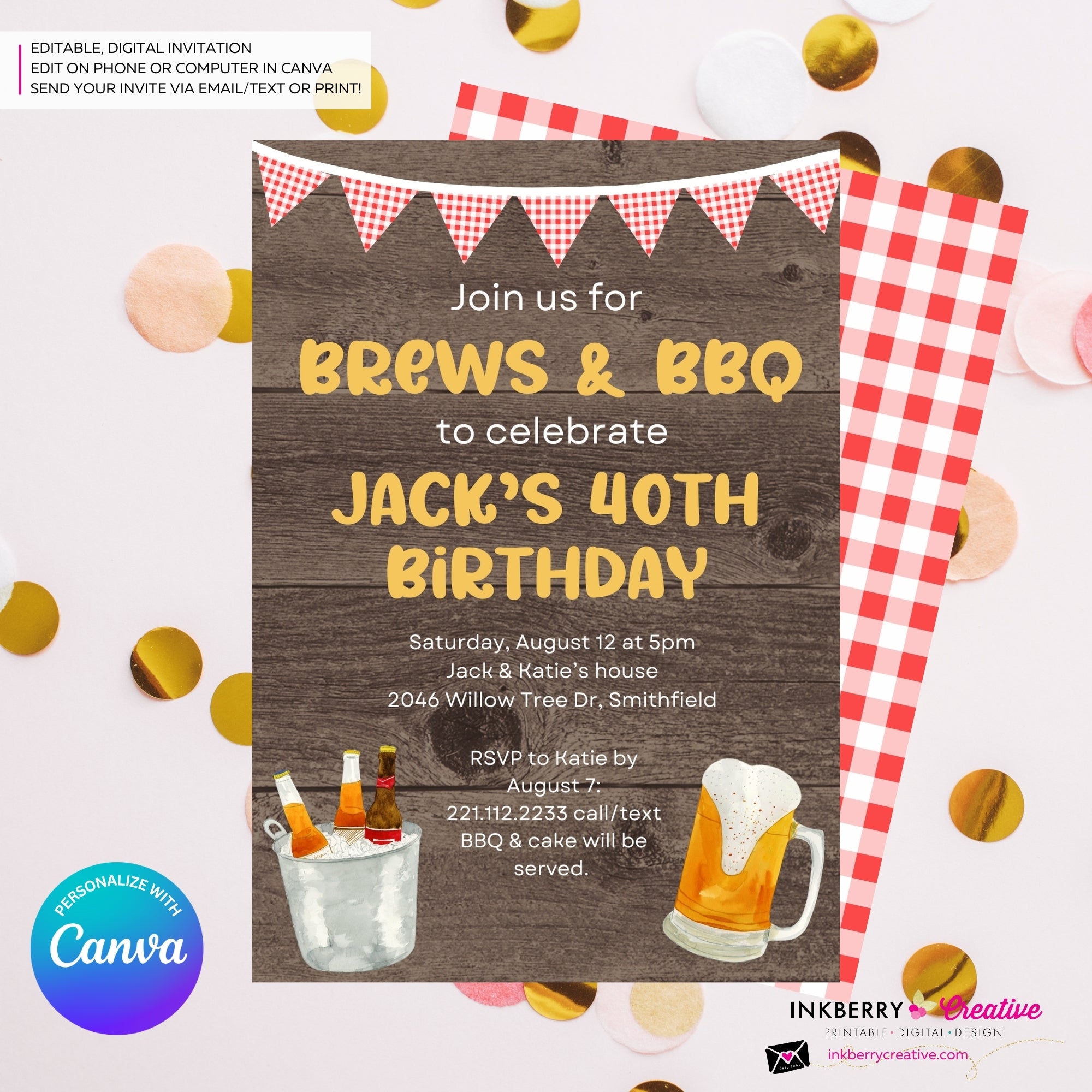 Brews & BBQ Backyard Cookout, Barbecue Theme Birthday Party or Shower Invitation - Personalize and Edit in Canva