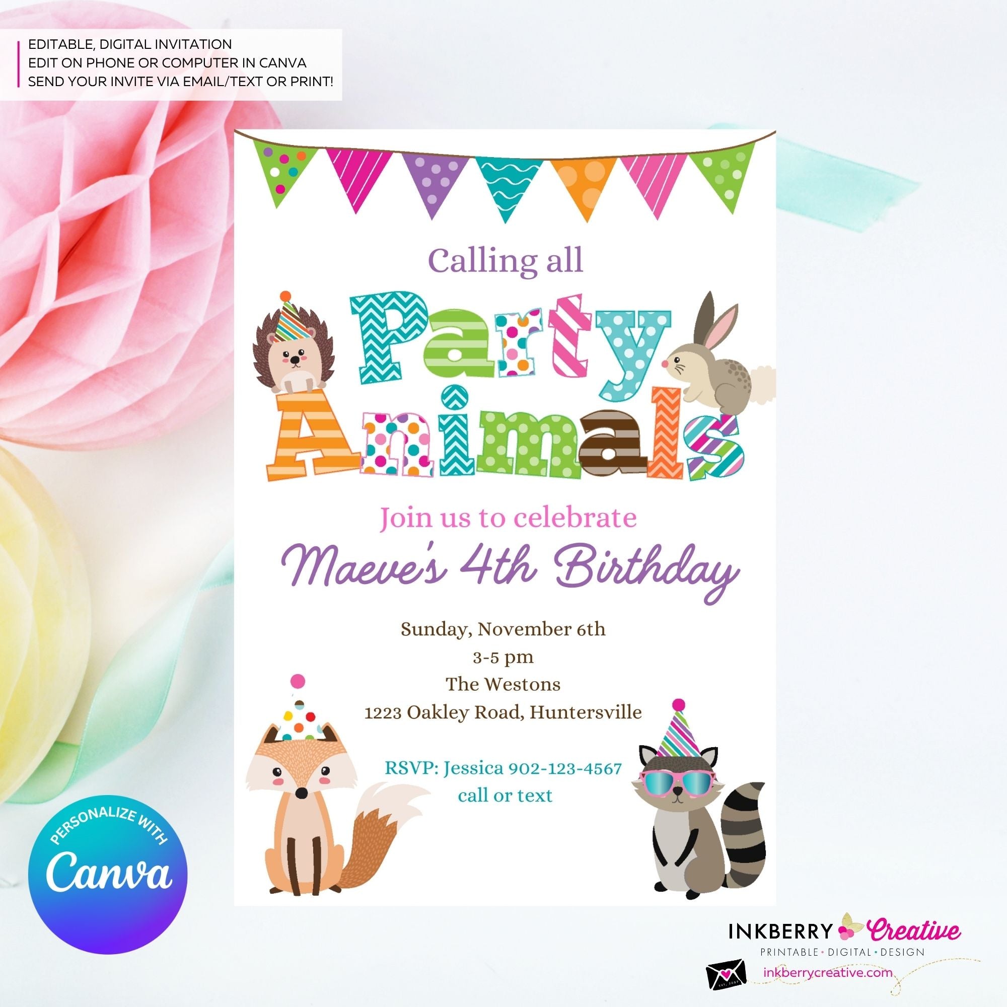 Editable Party Animal Birthday Party Invitation - Girls Cute Woodland Forest Animals Party Invite, Customize and Edit in Canva