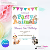 Editable Party Animal Birthday Party Invitation - Girls Cute Woodland Forest Animals Party Invite, Customize and Edit in Canva
