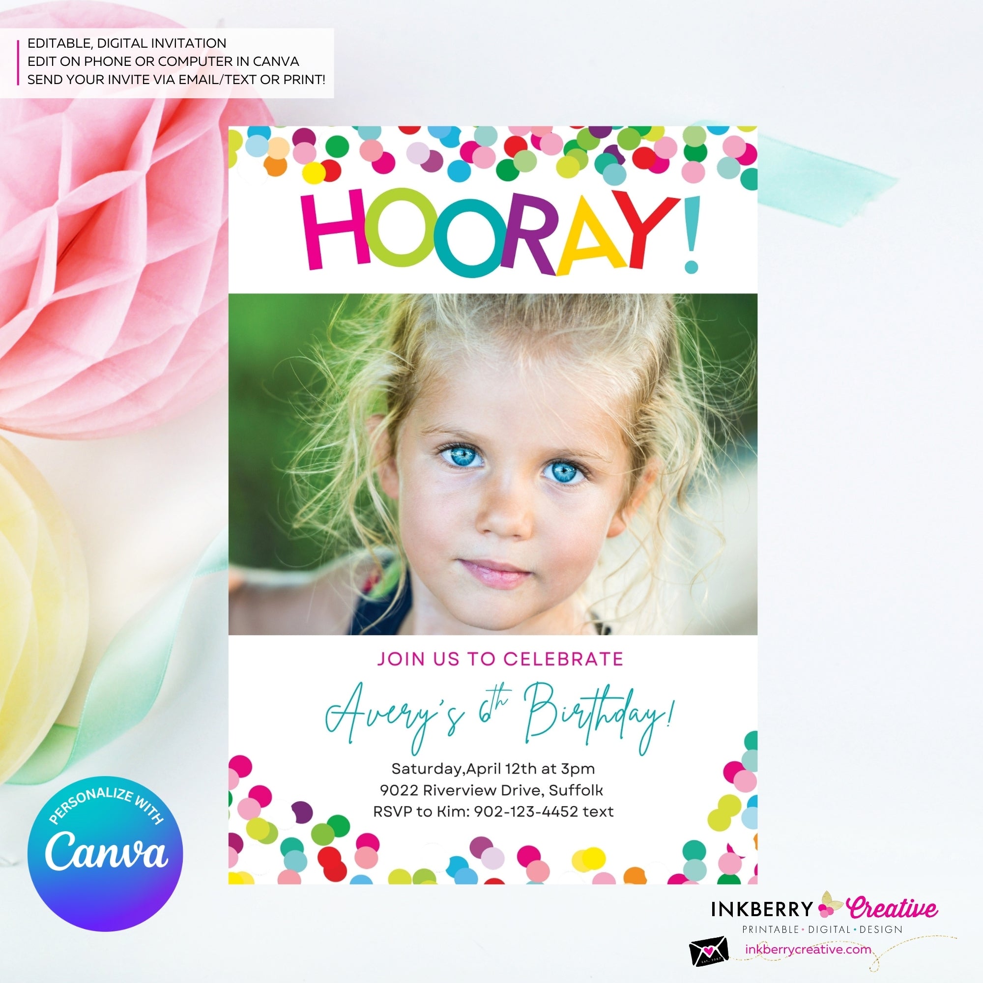 Hooray Confetti Girls Photo Birthday Party Invitation, Printable, Instant Download, Editable, Digital Invite, Edit in Canva