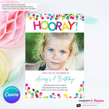 Hooray Confetti Girls Photo Birthday Party Invitation, Printable, Instant Download, Editable, Digital Invite, Edit in Canva