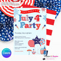 4th of July Patterns Party Invitation, July 4th Cookout Patriotic, Red White Blue Party Invite - Printable, Instant Download, Edit in Canva